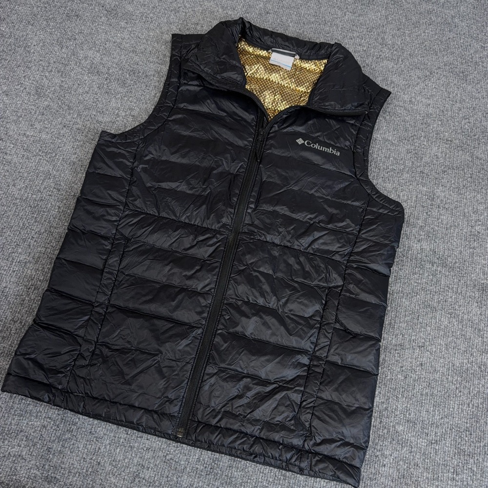Columbia Down Puffer Vest Mens Small Black Omni-Heat Infinity Full Zip Pockets